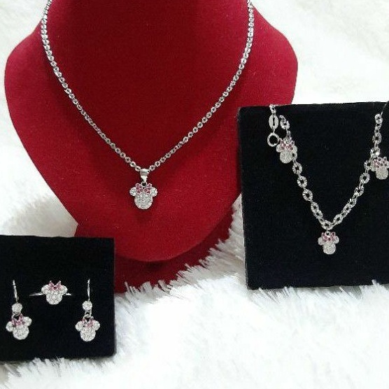KODE ODP870 Perhiasan 1 Set Minnie Mouse Perak Asli 925 Lapis Mas Putih Anak