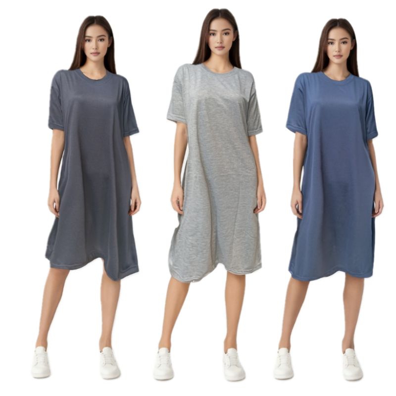 Baju Tidur Home Dress Midi Daster Wanita Dewasa Remaja Bahan Kaos Polos Jumbo Lengan Pendek dengan S