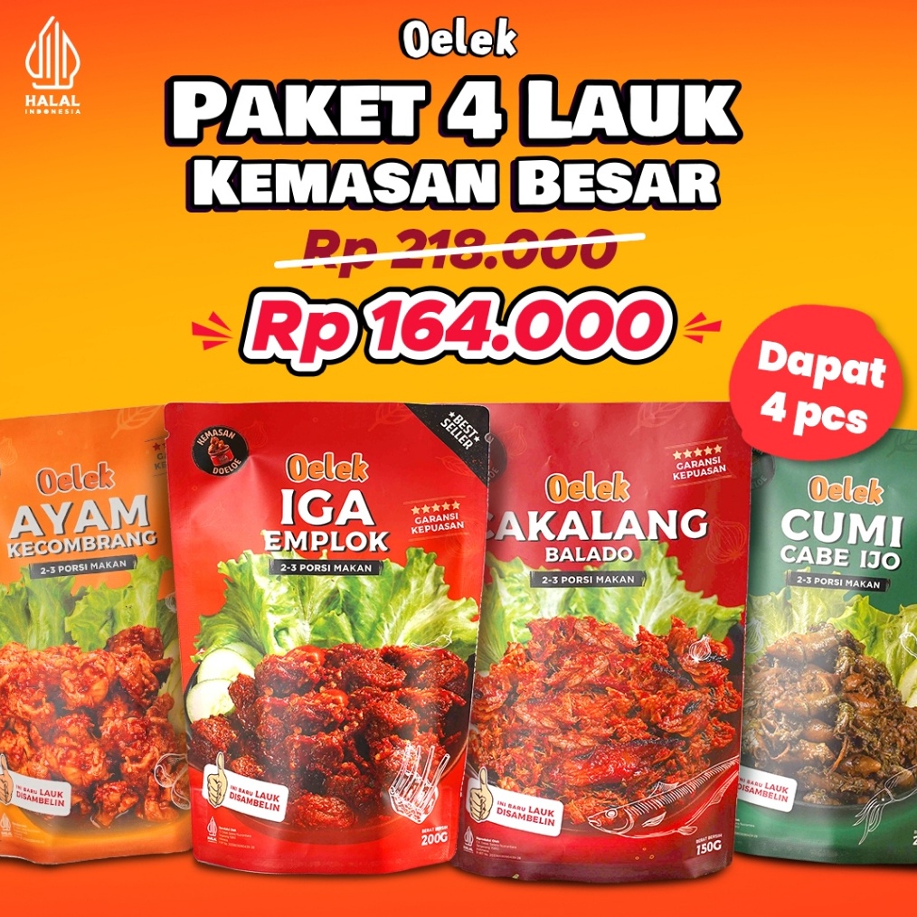 

Original Oelek Paket 4 Laoek / Iga Emplok / Cakalang Balado / Cumi Cabe Ijo / Ayam Kecombrang / Lauk Siap Saji 