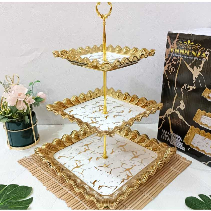 Tempat Kue Keramik Rak Susun Tingkat 3 Motif Marble Fiorenza 336 - Putih