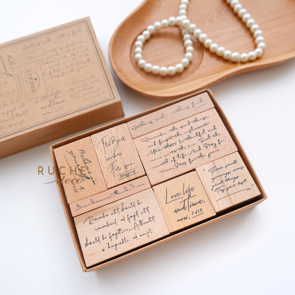 

RUCHE DECO - Wooden Stamps Old Letter Sentence Full Box - Stempel Kayu Vintage untuk bullet journal