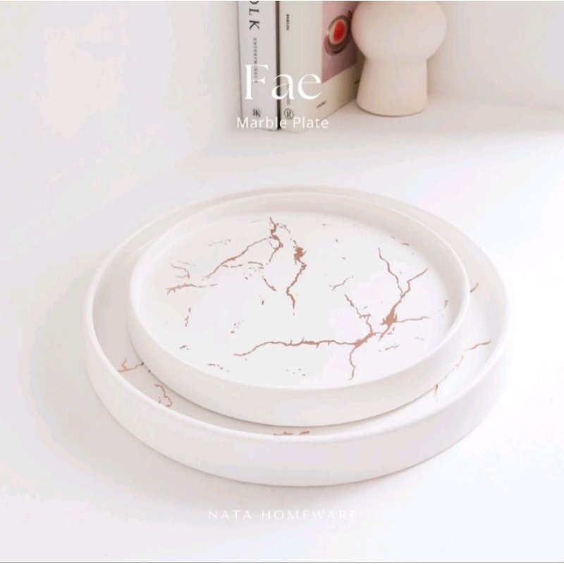 Piring Steak Keramik Corak Marble Hitam Dan Putih Gold