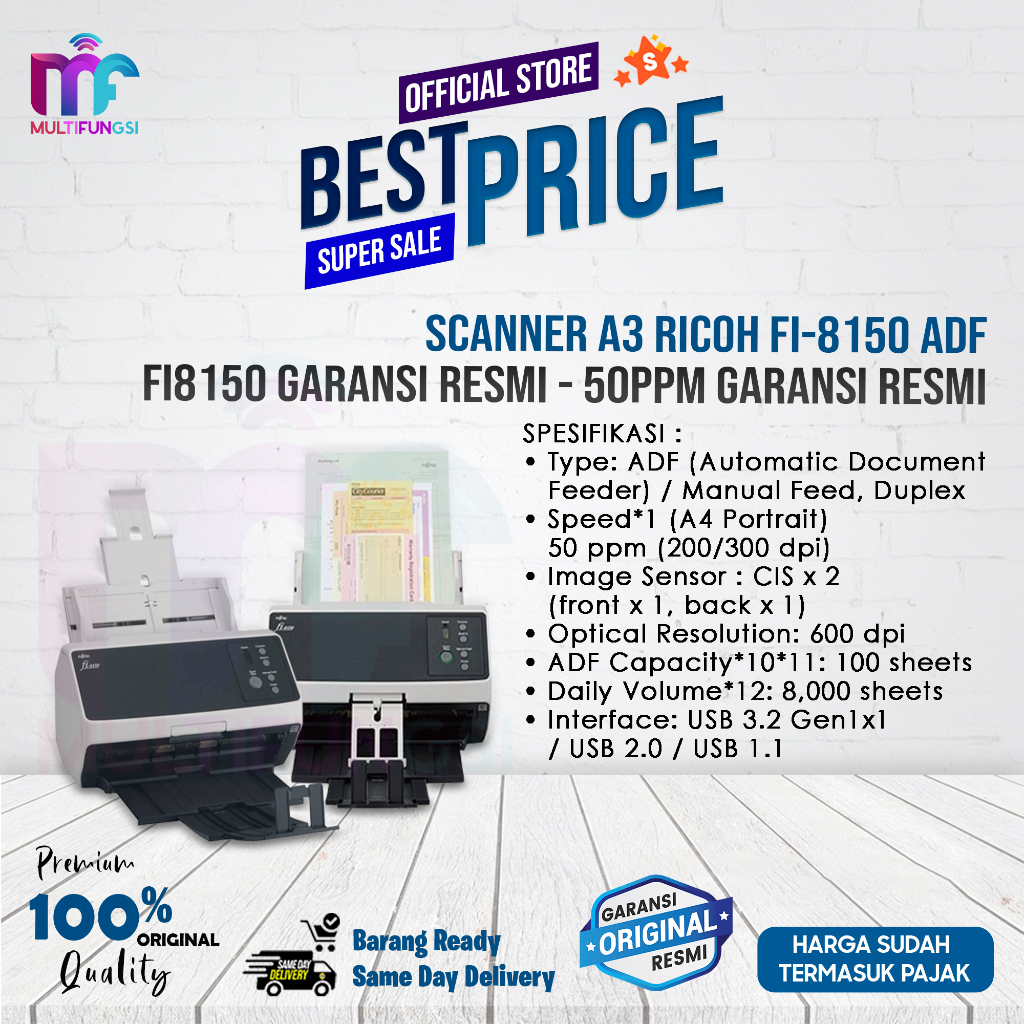 Scanner A3 Fujitsu /  Ricoh Fi-8150 ADF - Fi8150 Garansi Resmi - 50ppm