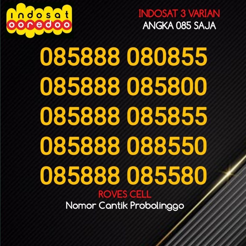 NOMOR CANTIK INDOSAT 3 VARIAN ANGKA 085 888 0855 SERI CERMIN 085580 SERI RATUSAN 800 SERI RIBUAN 580