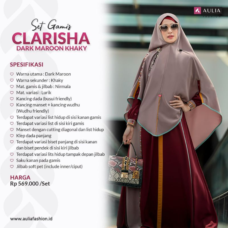 Gamis Wanita Set Aulia Clarisha Original Syar'i Islami - Dark Maroon Khaki Size M