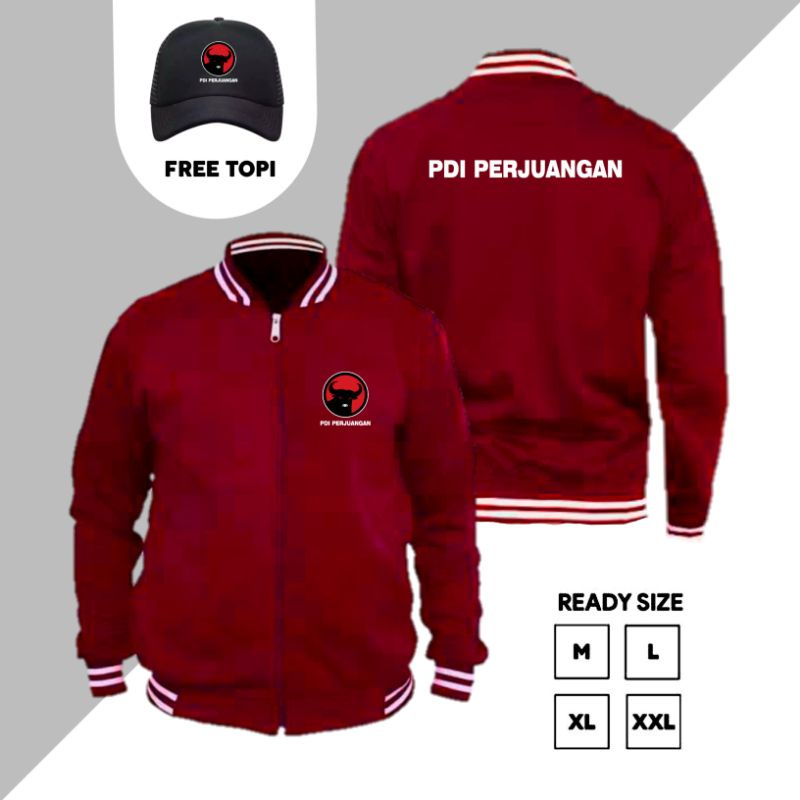 JAKET PDI PERJUANGAN FREE TOPI - JAKET VARSITY PARTAI PDI PERJUANGAN GRATIS TOPI - JAKET PDIP