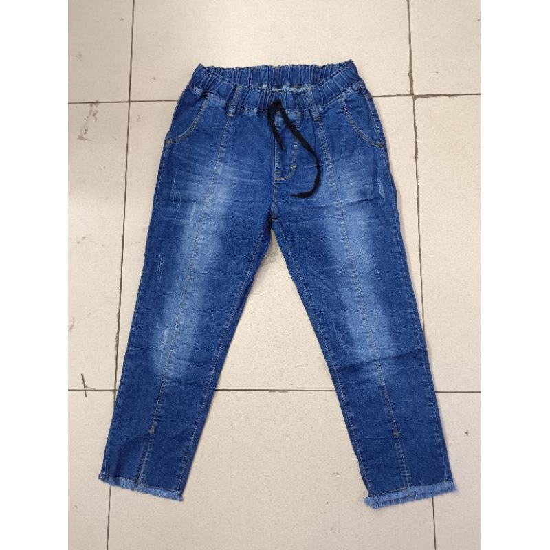 CELANA JEANS CEWEK 7/9 BIRU PINGGANG KARET TULANG BELAH KAKI 31-34