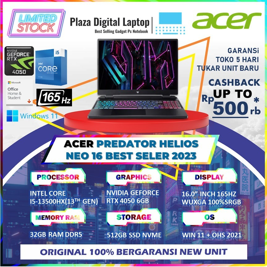 Acer Predator Helios Neo 16 Intel Core i5 gen 13-13500HX RTX4050 6gb/ 32gb Ram DDR5 512gb SSD W11+OHS 16.0WUXGA 165HZ SRGB100 4ZRGB 3Y+ADP