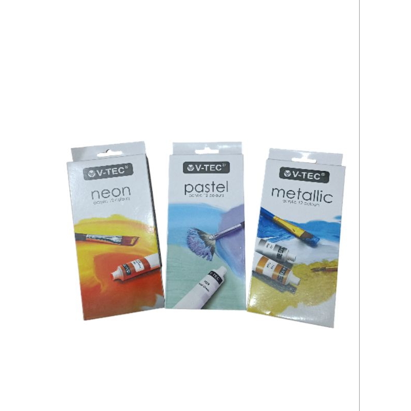 

Cat Acrylic V-tec 12warna Pastel/Neon/Metalic 6ml. Vtec paint set VT-612A