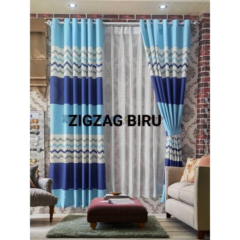 Horden/Gorden smokering pintu dan jendela motif zigzag biru