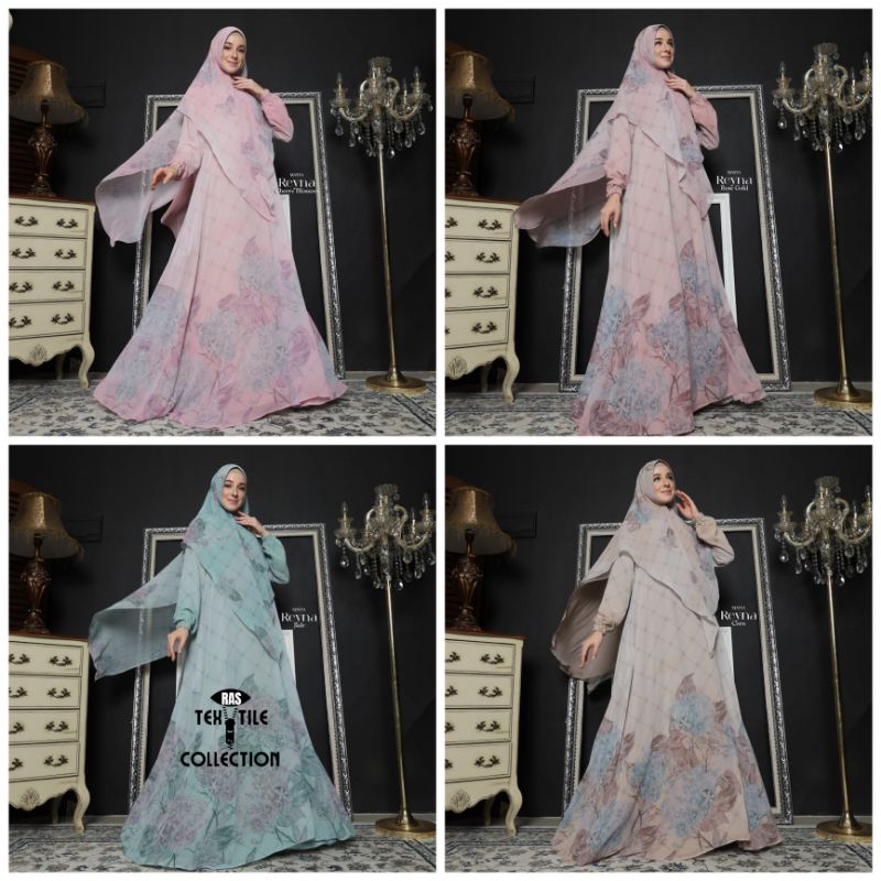 Set Gamis Dress Ceruty Babydoll Printing Premium Syari Branded Pink - Biru Muda - Baby Blue - Coklat