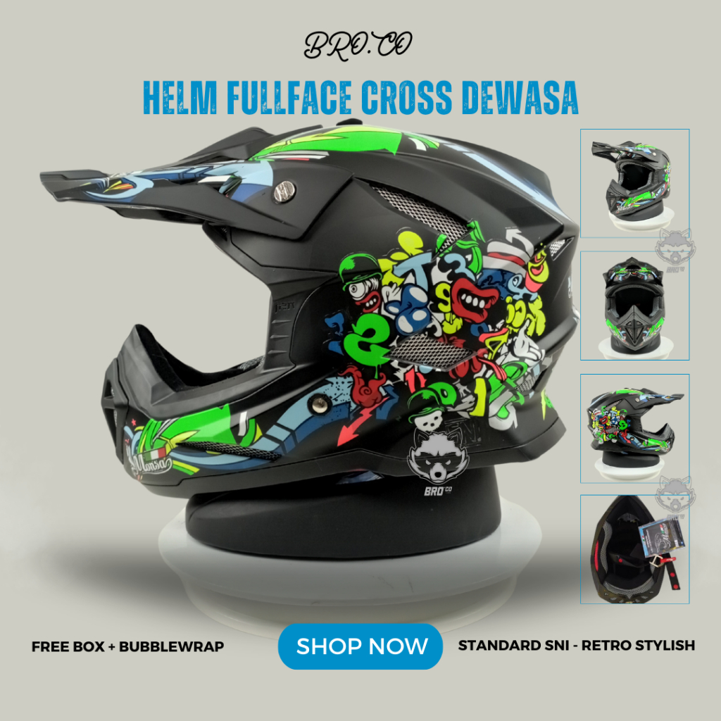 Helm Cross Branded JPN Full Face Cross Motor Trail ARROWVITTY Mural Cartoon Animation Black Matte So