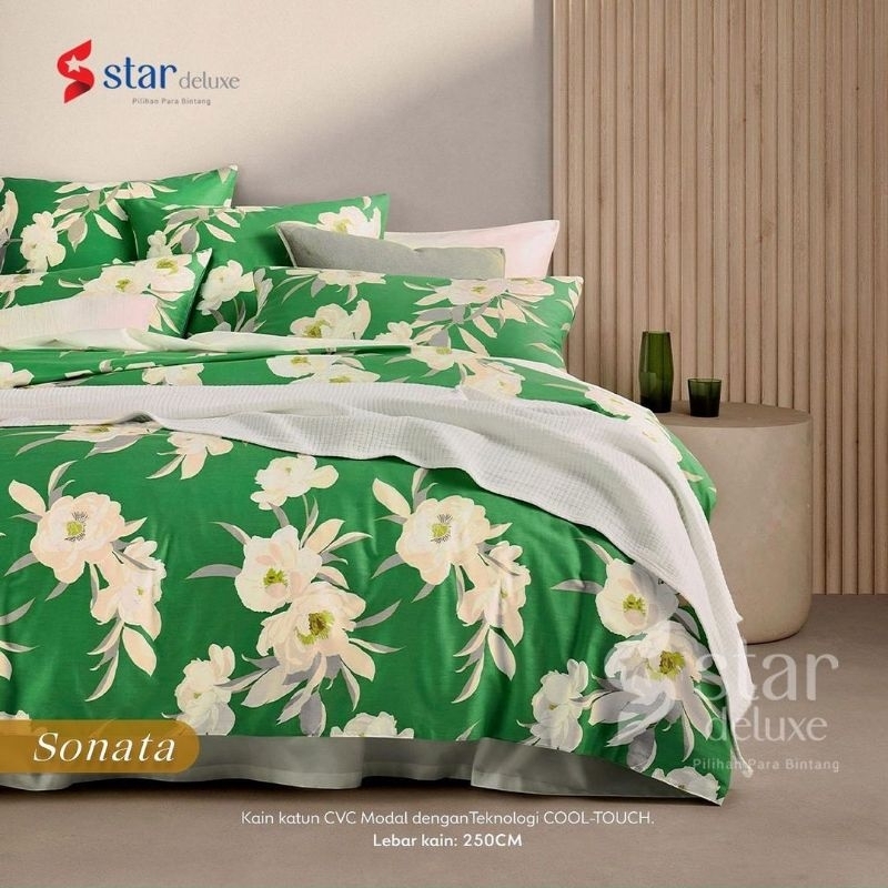 Sprei 180x200 Sprei karet katun cvc original Grade 1 merk Star Deluxe motif Sonata Hijau