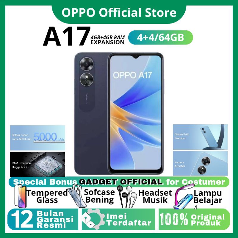 OPPO A17 4/64GB - RAM UPTO 8GB - KAMERA UTAMA 50MP - CHIPSET HELIO G35 - BATERAI 5000mAh - LEATHER D