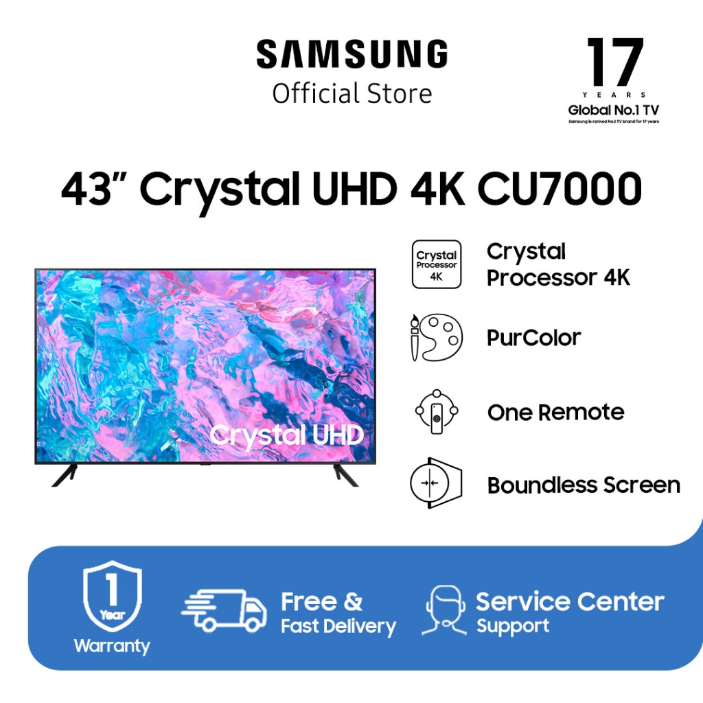 Samsung Smart TV 43 inch Crystal UHD CU7000 dengan Crystal Processor 4K - UA43CU7000KXXD