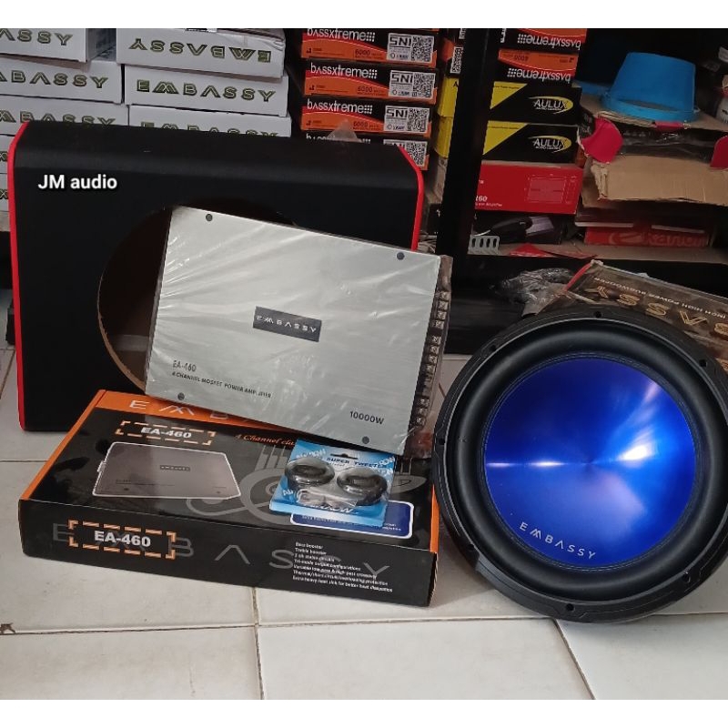 Paket Audio Mobil.Power 4chanel Embassy EA-460.4..Subwoofer 12inch Embassy EY-126 Doble Coil
