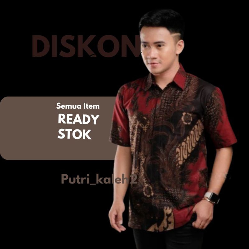 Hem Kemeja Pria Batik Lengan Pendek Premium Warna Merah Marun | Baju Batik Motif Keris Ungu Pria Len