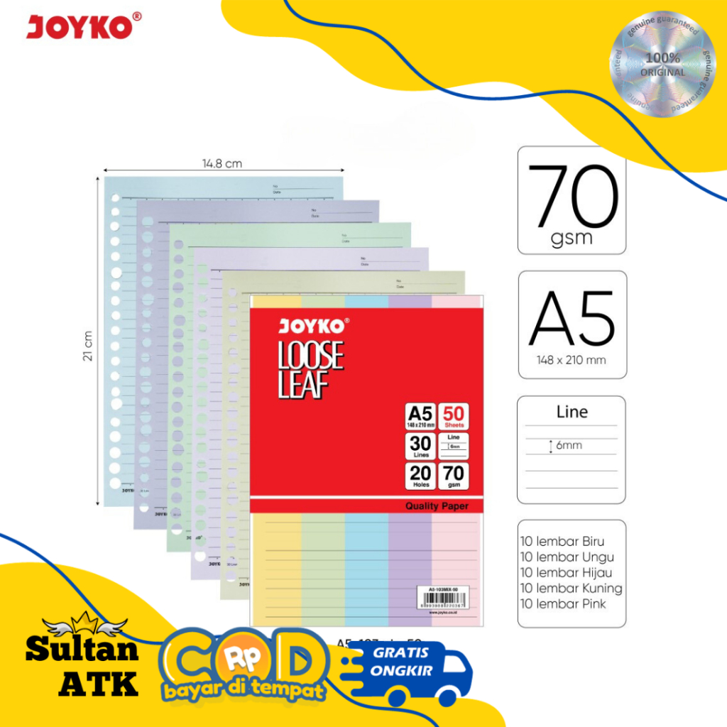 

ISI KERTAS BINDER A5 WARNA / LOOSE LEAF COLOR JOYKO A5-103MIX ( 20 HOLES )
