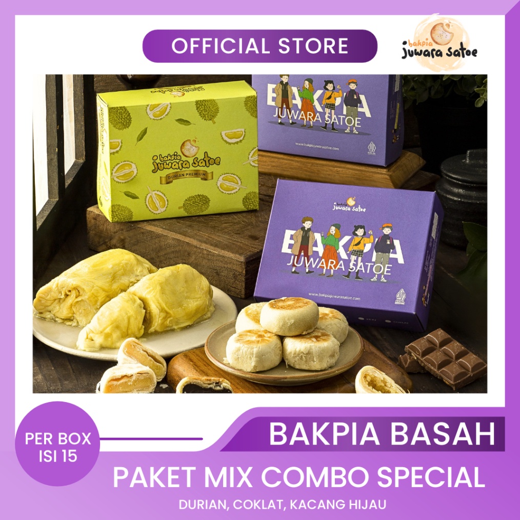 

1212 Promo BAKPIA JUWARA SATOE 3 Box Paket Mix Combo Bakpia Basah Durian Coklat Original Oleh Oleh Khas Jogja murah