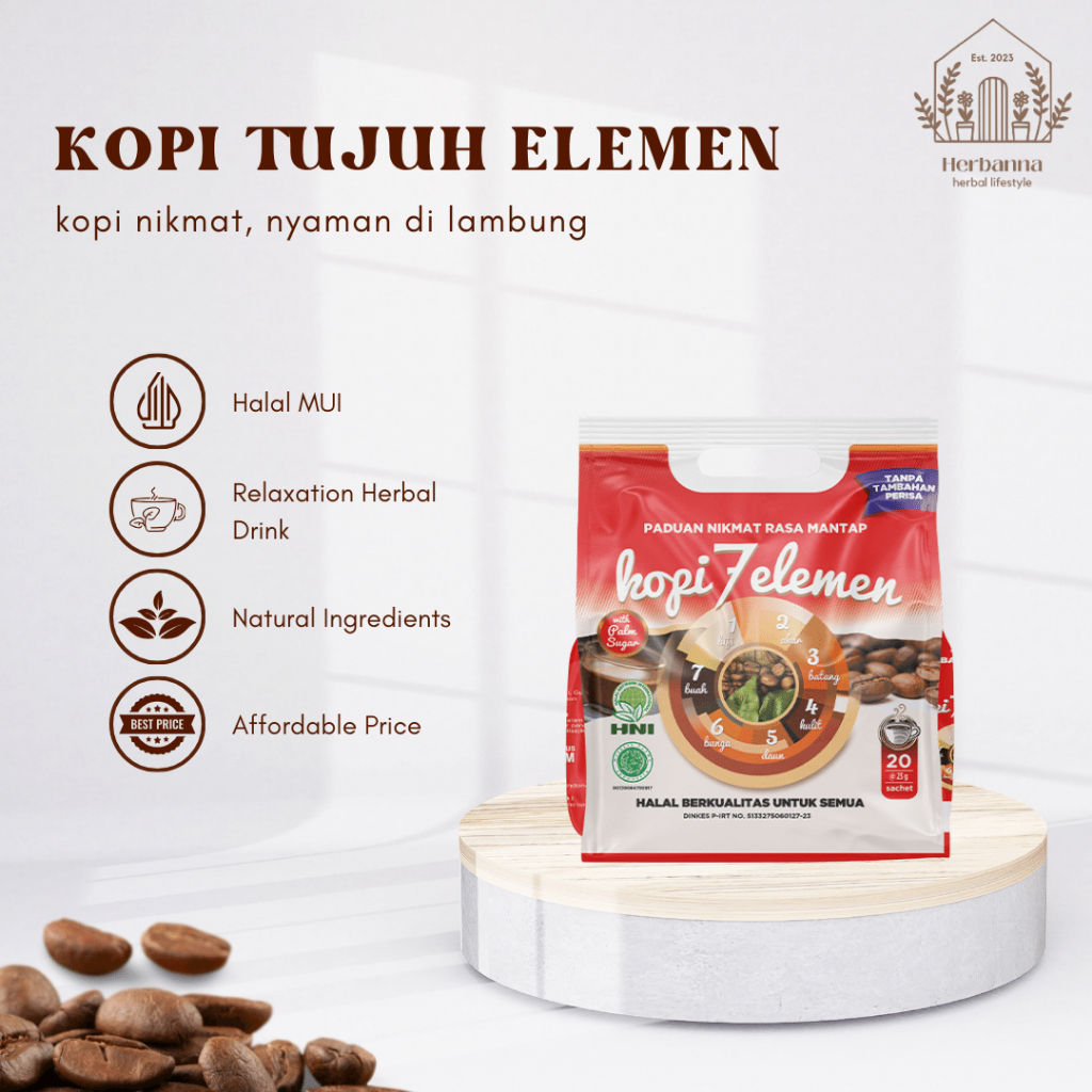 

HNI - Kopi 7 Elemen | 10 Sachet | Kopi Sevel | Kopi Seven Elemen | Kopi Herbal | Halal Network Internasional