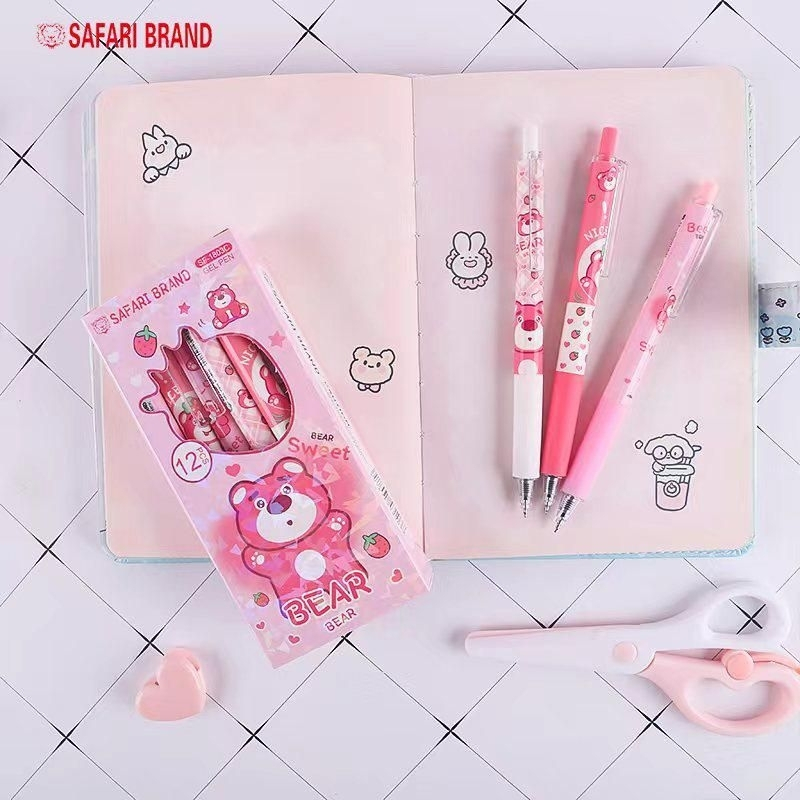 

1 PACK (12 PCS) Click Gel Gell Pen Pulpen Gell karakter motif lotso strawberry pink bear untuk anak perempuan cewek