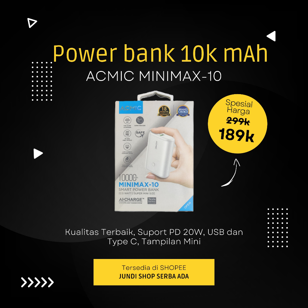 ACMIC MINIMAX SuperMini 10000mAh AiCharge Power Bank (QC4 + PD + VOOC) PB Only