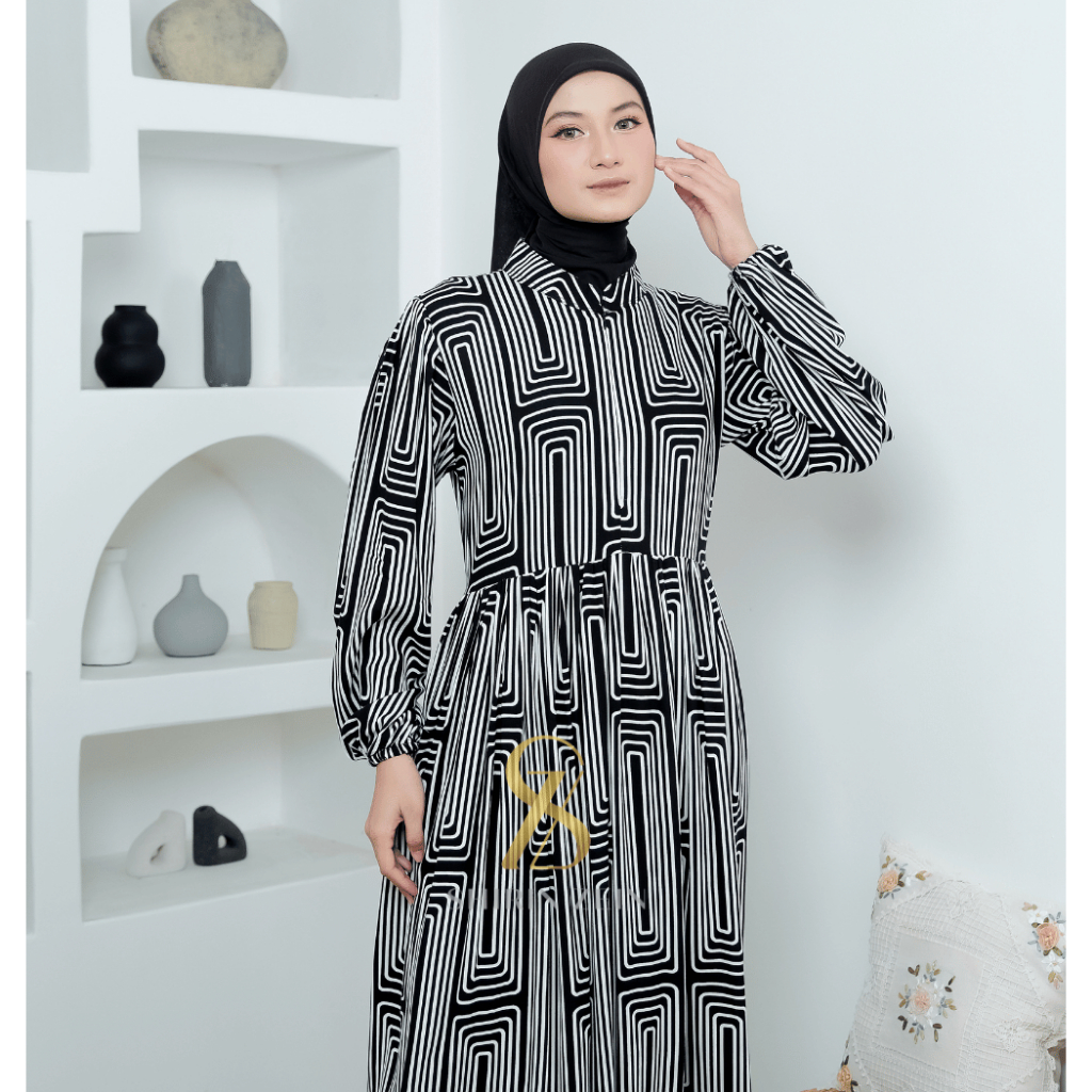 ShirinZein - Gamis Dress Linna Hitam Busui Friendly Motif Terbaru Kondangan Mewah Muslim Wanita Kekinian-8