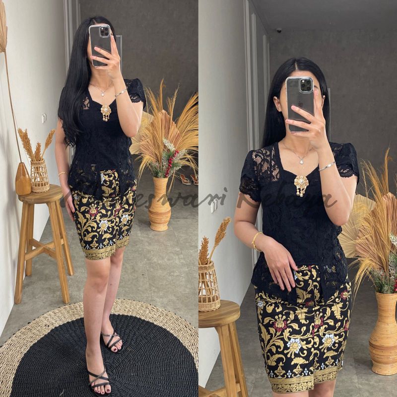 Kebaya Bali Set Brukat Lilit Hitam Rok Pendek