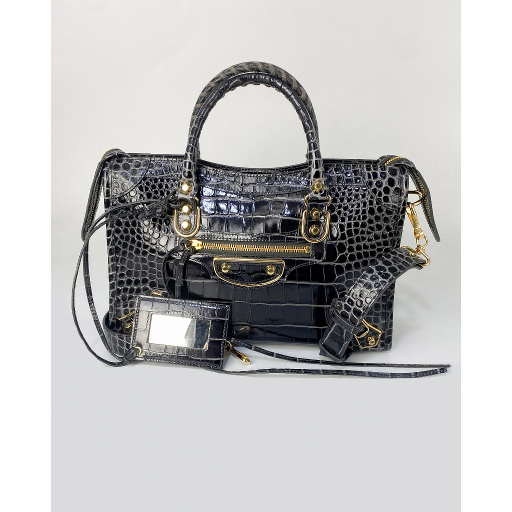 Hand Bag Tas Balenciaga Metallic Edge Small Croco Embossed Electric Grey GHW