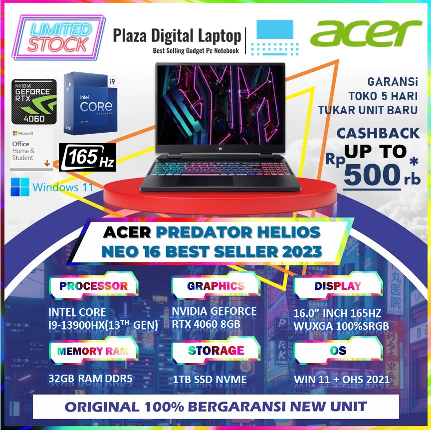 Acer Predator Helios Neo 16 Intel Core i9 Gen 13-13900HX RTX4060 8GB/ 32gb Ram 1TB SSD W11+OHS 16.0WUXGA 165HZ SRGB100%