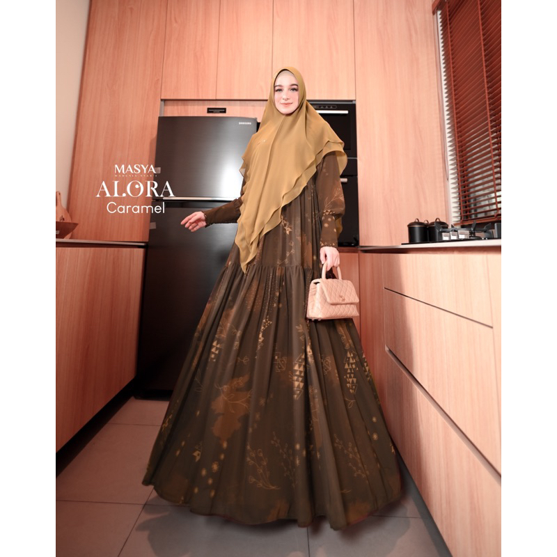 Set Gamis Dress Ceruty Babydoll Printing Premium Syari Pink Fanta - Coklat Tua - Mocca - Burgundy - 