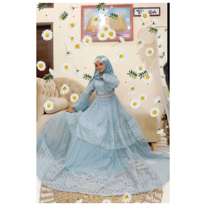 GAMIS RAINA DEWASA WARNA BIRU WARDAH BAHAN BRUKAT TILE PREMIUM/GAMIS LEBARAN TERBARU