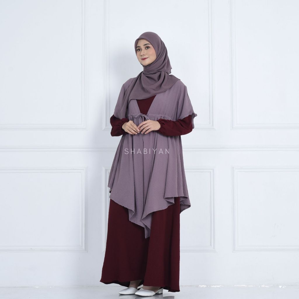 SHABIYAN 484 Gamis Set Outer Muslim Polos Kombinasi Crinkle | Halwah-Maroon
