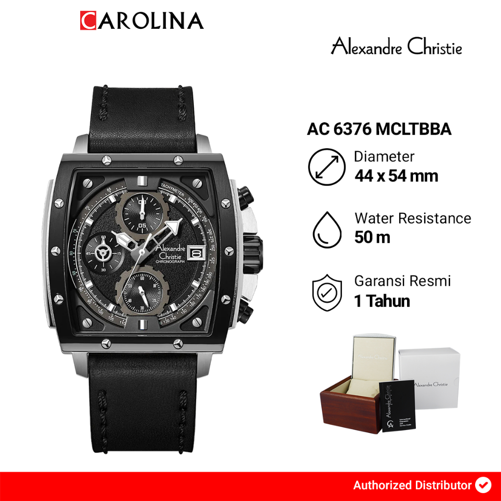 Jam Tangan Pria Alexandre Christie Chronograph  AC 6376 MCLTBBA Black Dial Black Leather Strap