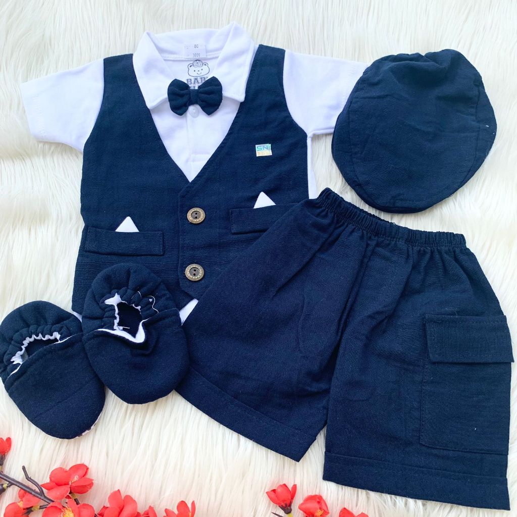 Baju setelan kemeja 0-6bulan rompi celana tuxedo pesta lucu bestseller anak bayi laki laki cowok mur