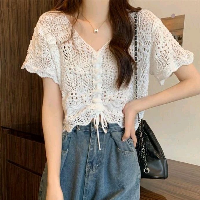 13037 Baju atasan MILA DRAWSTRING KNITTED TOP RAJUT tali serut lengan pendek hitam cream putih mocca