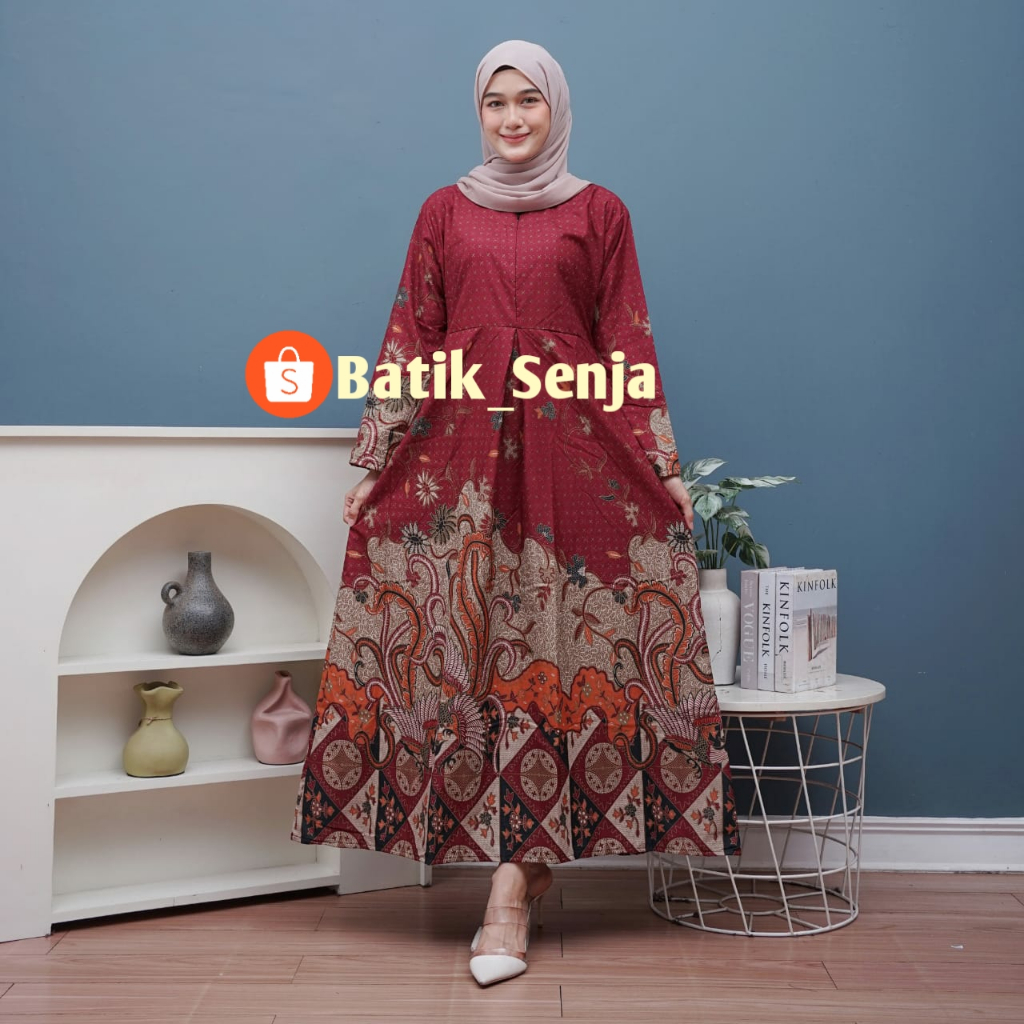 BAJU BATIK GAMIS WANITA KOMBINASI MODERN JUMBO MOTIF CENDRAWASIH MERAH