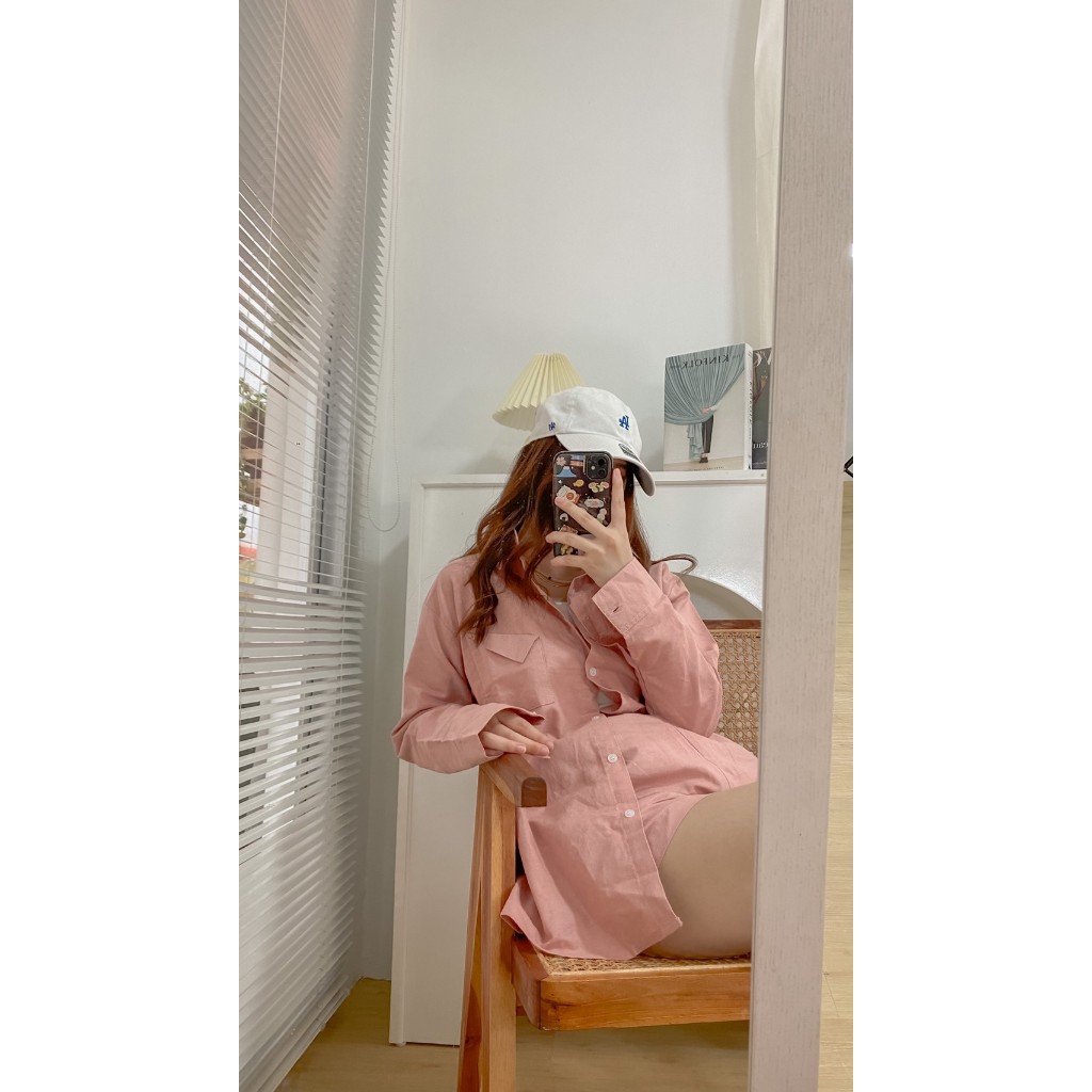 Letatio One Set Wanita Kemeja Linen Oversize dan Celana Pendek (Shirt + Short) Pink Peach