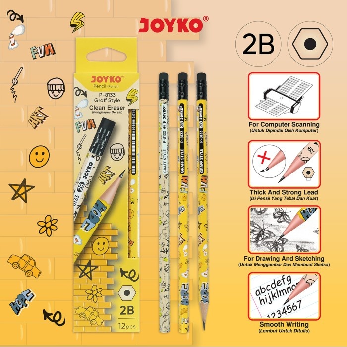 

[ 1 BOX / 12 PCS ] Pencil Pensil Joyko P-8133 2B Graff Style