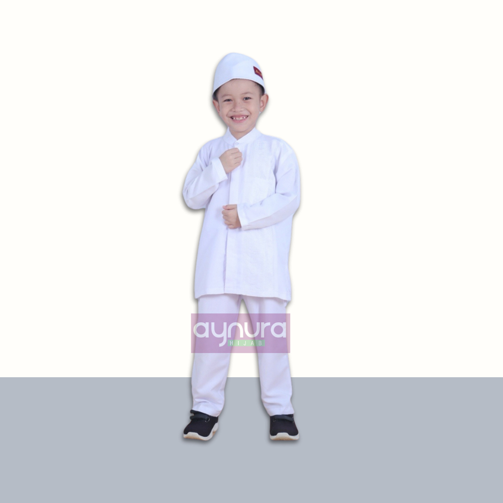 Baju muslim anak laki-laki koko putih set celana dan peci
