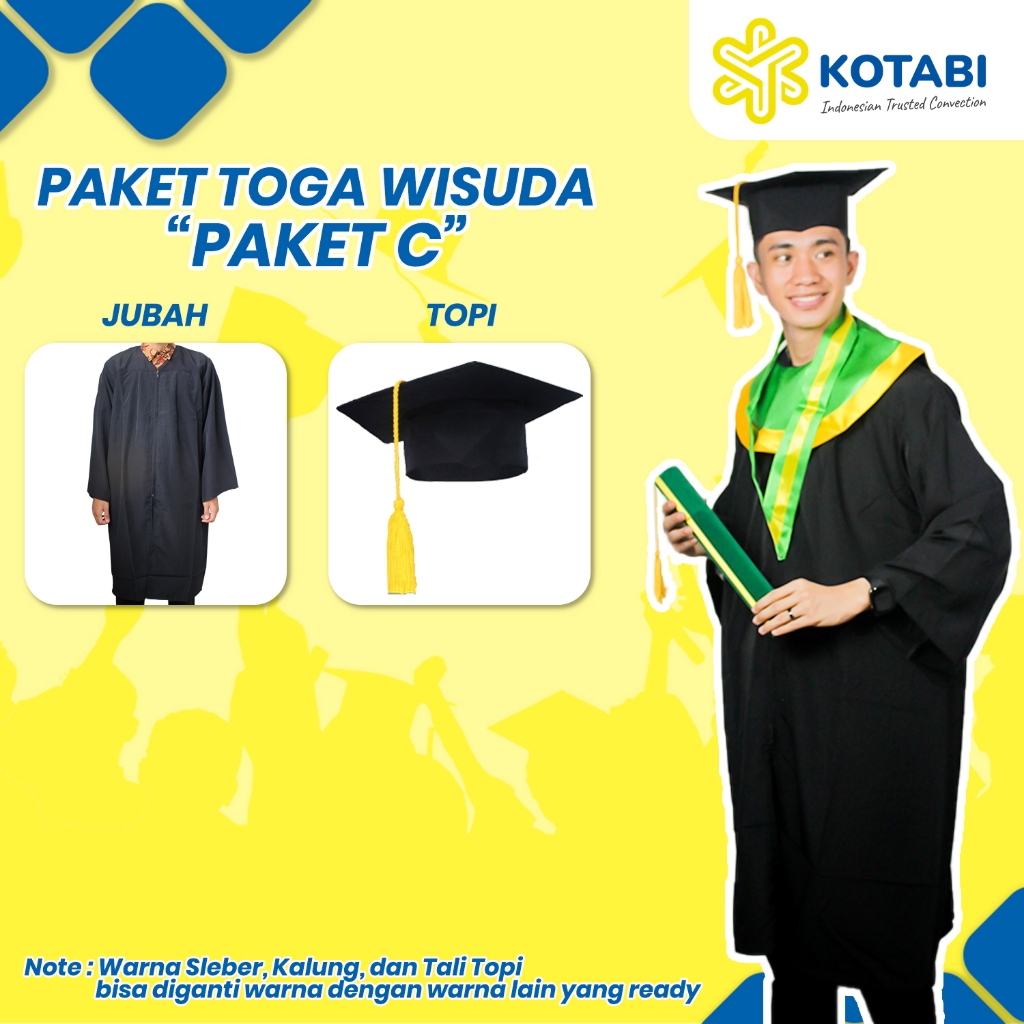 KOTABI - PAKET WISUDA C , jual paket wisuda satuan ,Topi toga Hitam tali warna