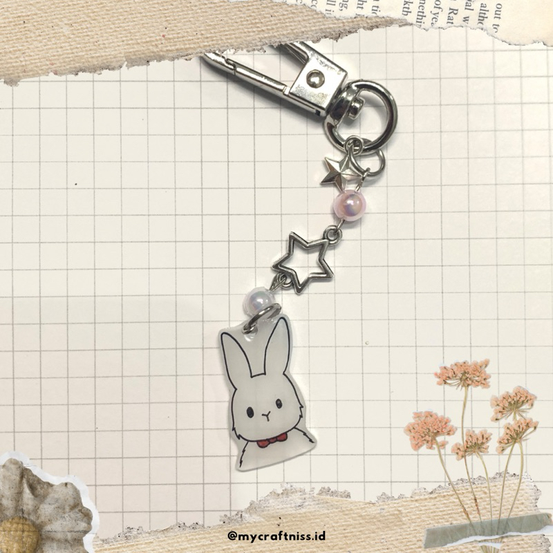 Keychain Shrink Paper, Kelinci Putih + beads