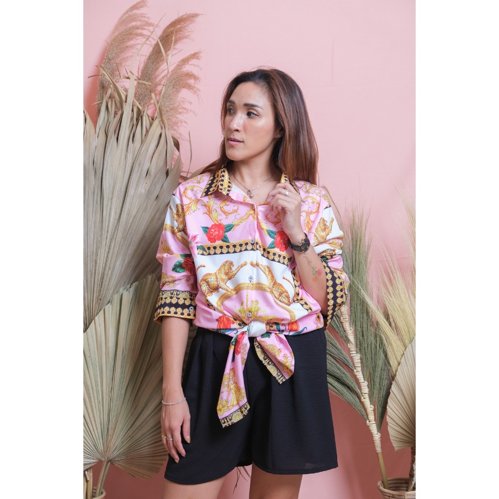 Kemeja Amber Macan | Kemeja Wanita Kekinian Lengan Panjang Ukuran Jumbo Motif Mewah Bahan Satin Nyam