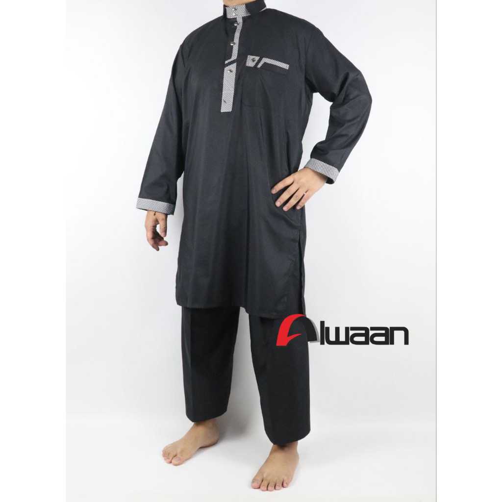 Baju/pakaian muslim pria koko gamis stelan dewasa ALWAAN/ATTALWIN model SD053 warna HITAM/black