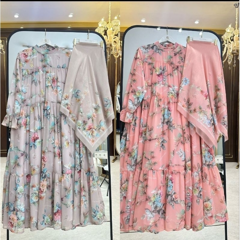 Gamis Flower Susun Set Hijab Brand Original Shella Saukia