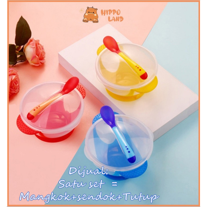 Hippo Land Mangkok Sendok Tutup  Bayi /Alat Makan Bayi Silikon Anti Tumpah 45