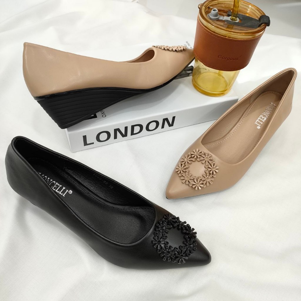 Simoncelli Sepatu Wanita Wedges 3 Cm Mutiara Sepatu Kerja Hitam Black Cewek Acara Pesta Kondangan El
