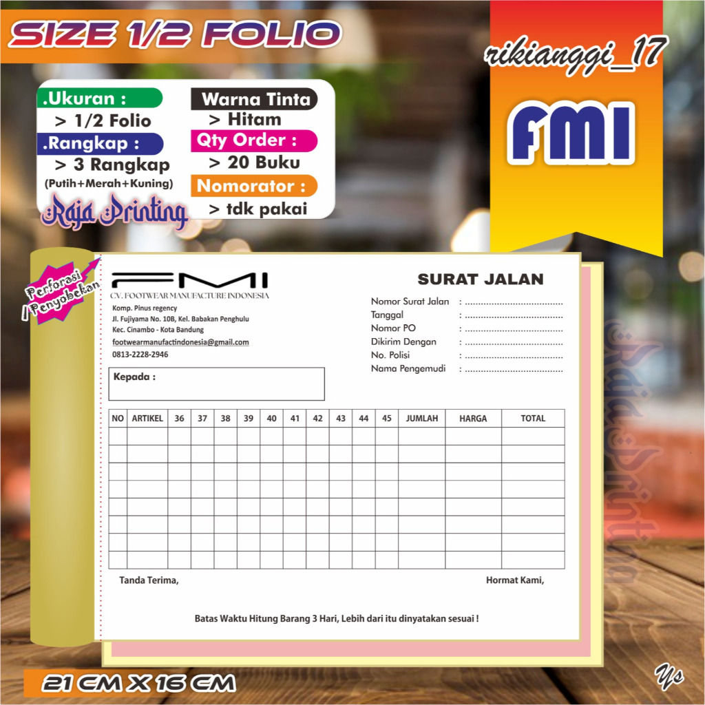 

Nota Bon 1/2 Folio 3 Rangkap Custom nama toko sendiri