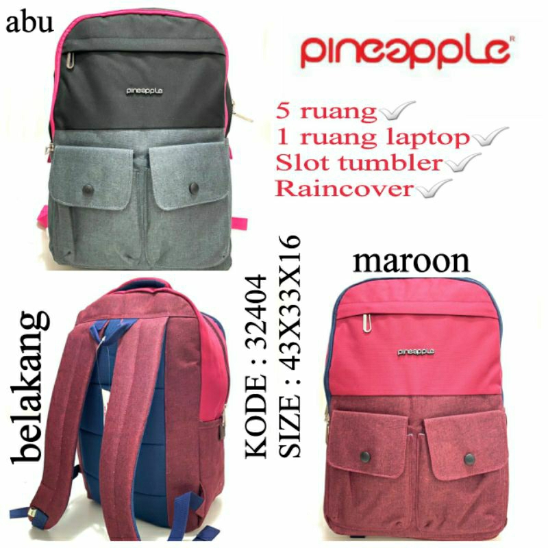 Tas Ransel Sekolah Wanita Original Pineapple 32404 Warna Abu Maroon / Ransel Pineapple Ori Terbaru
