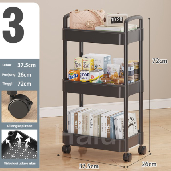 Unik HALU Rak Troli Roda 5 Susun Rak Kamar Tidur Dapur Kamar Mandi HRK516 - 516 3T Hitam Berkualitas